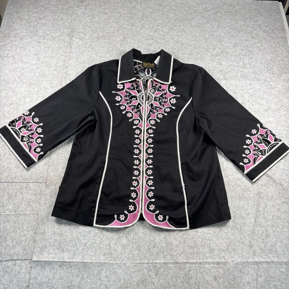 Vintage Bob Mackie Art Black Pink Embroidered Western Jacket Womens M Cotton